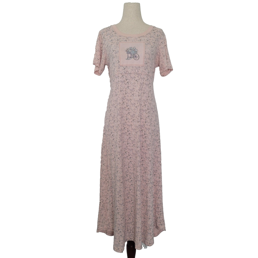 Vintage Pointelle Floral Embroidered Patch Maxi Dress S Cottage Prairie Pastel